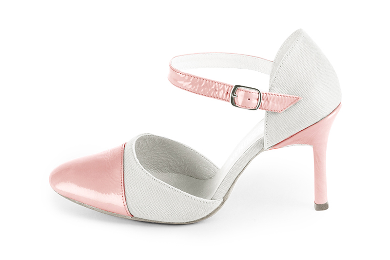 Light pink and pure white women's open side shoes, with an instep strap. Round toe. Very high slim heel. Profile view - Florence KOOIJMAN